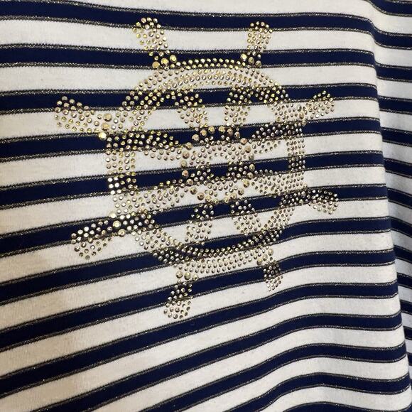 Quacker Factory Blue White Striped Top Size XL Ship’s Wheel 3/4 Sleeve Nautical - Picture 3 of 6
